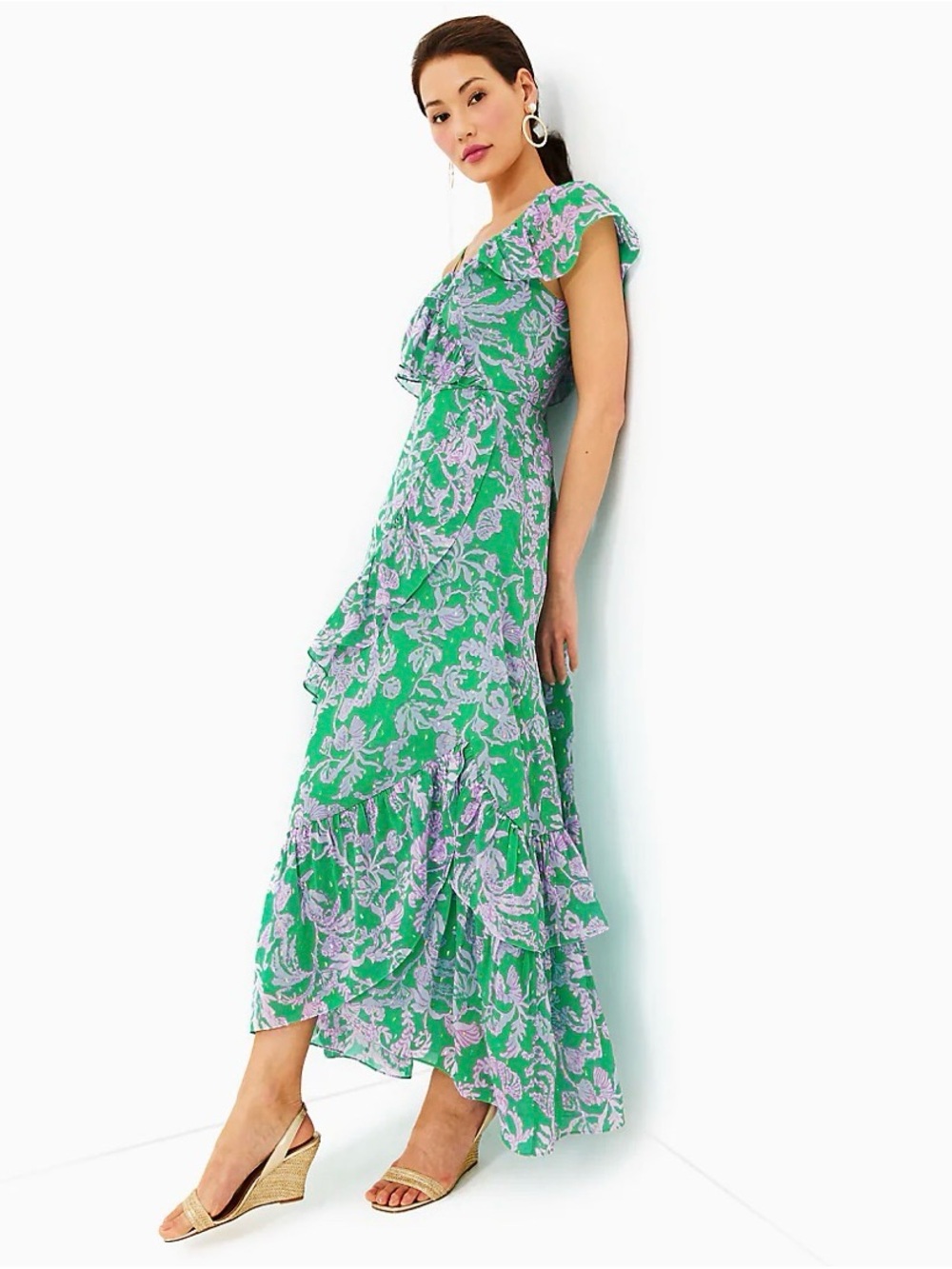 Lilly Pulitzer Green and Lavender Floral High-Low Maxi Dress Rosalyn Ruffle - Picture 3 of 13